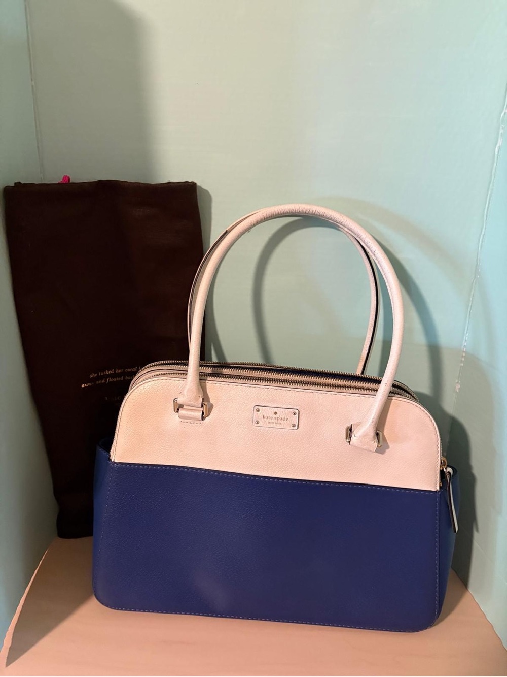 Kate Spade Grove Street Carli Satchel Blue Cream Colorblock Leather Handbag